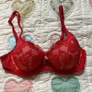 Victoria’s Secret Red Lace Rhinestone lined Demi Bra 32D lingerie intimates sexy